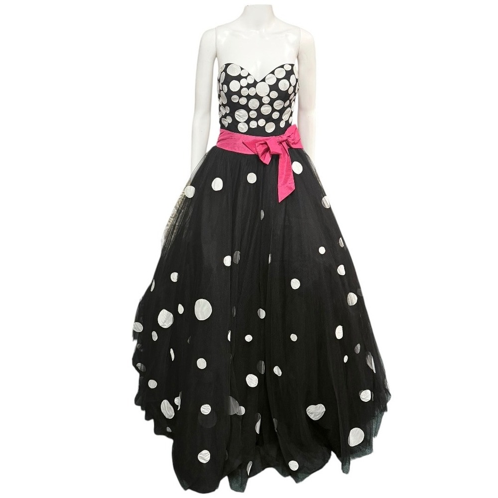 Jovani Black White Polka Dot Tulle Ball Gown Pink Sash Strapless Prom Dress 4 - Picture 2 of 7